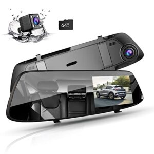 1080p mirror dash cam 4.3in touch screen, front and dash waterproof backup camera rear view camera, parking assistance, loop recording, g-sensor, monitor, free 64gb memory card