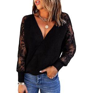 womens cross wrap v neck lace stitching long sleeve knit pullover sweater for fall winter(s-black)