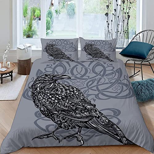 Quilt Cover Full Size Odin, Crow 3D Bedding Sets Viking, Nordic Duvet Cover Breathable Hypoallergenic Stain Wrinkle Resistant Microfiber with Zipper Closure,beding Set with 2 Pillowcase