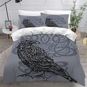 Quilt Cover Full Size Odin, Crow 3D Bedding Sets Viking, Nordic Duvet Cover Breathable Hypoallergenic Stain Wrinkle Resistant Microfiber with Zipper Closure,beding Set with 2 Pillowcase