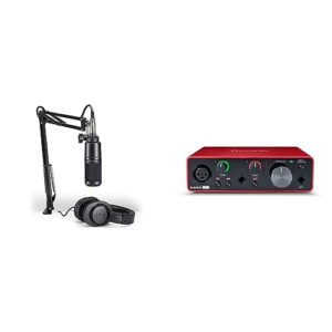 audio-technica at2020pk vocal microphone pack - xlr mic, boom arm, headphones & focusrite scarlett solo usb audio interface for recording, streaming, podcasting