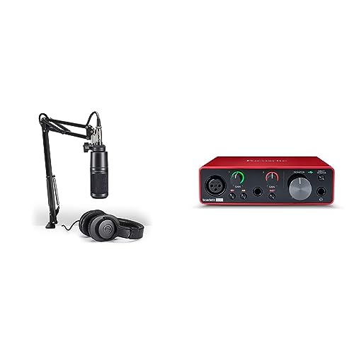 Audio-Technica AT2020PK Vocal Microphone Pack - XLR Mic, Boom Arm, Headphones & Focusrite Scarlett Solo USB Audio Interface for Recording, Streaming, Podcasting