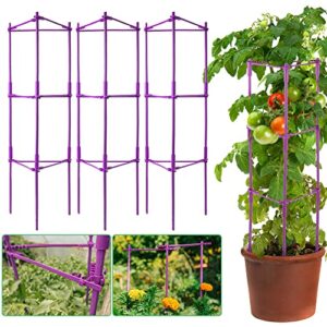 large tomato cages for garden - 48 inches, 3-pack multifunctional purple tomato plant support for vine, vegetables, fruits & flowers with adjustable stake arms - non-rusting with 20pcs plant clips