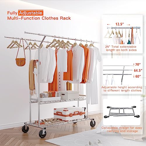 Raybee Clothing Rack Heavy Duty Clothes Rack Load 650Lbs Clothing Racks for Hanging Clothes Rolling Clothes Rack Metal Clothing Rack Heavy Duty Garment Rack Portable Clothes Rack with Wheels