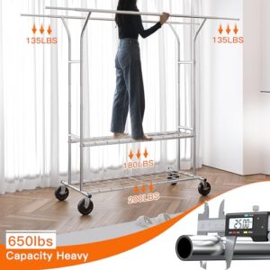 Raybee Clothing Rack Heavy Duty Clothes Rack Load 650Lbs Clothing Racks for Hanging Clothes Rolling Clothes Rack Metal Clothing Rack Heavy Duty Garment Rack Portable Clothes Rack with Wheels