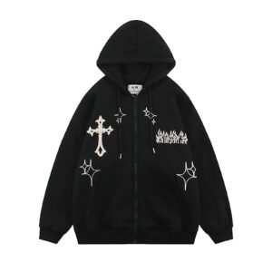 ponitrack aesthetic hoodie y2k hoodie gothic hoodie flame cross print streetwear women oversized hoodie zip up (black,l,large)
