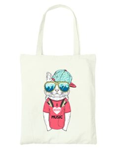 cute canvas tote bag for women - cat gifts for cat lovers - book tote bag - cat tote bag with music theme - reusable shopping bags for grocery utility teacher (music cat)