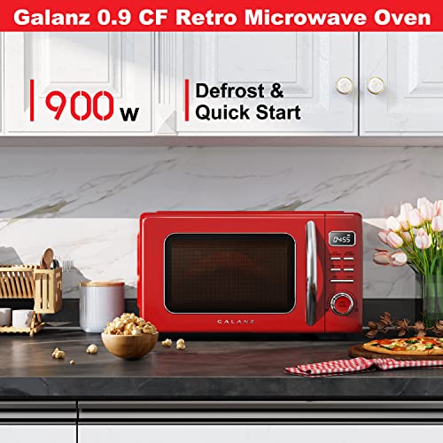 Galanz GLCMKZ09RDR09 Retro Countertop Microwave Oven with Auto Cook & Reheat, Quick Start Functions, Easy Clean with Glass Turntable, Pull Handle, 0.9 cu ft, Red & 2 Slice Retro Toaster, Retro Red