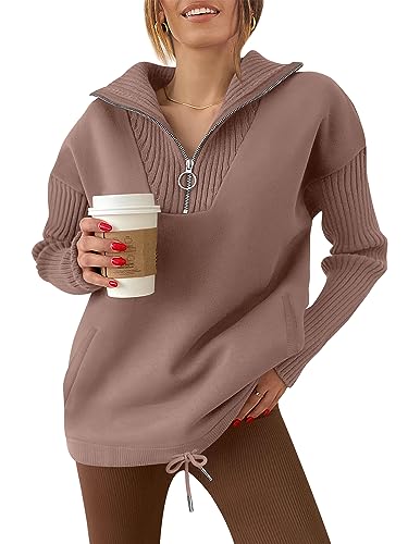 ANRABESS Quarter Zip Sweaters for Women Long Sleeve Casual Collared V Neck Knit Zipper Loose Fit Solid Pullover Jumper 2023 Fall Winter Fashion Clothes with Pockets 780doukou-S