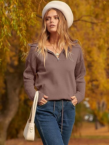 ANRABESS Quarter Zip Sweaters for Women Long Sleeve Casual Collared V Neck Knit Zipper Loose Fit Solid Pullover Jumper 2023 Fall Winter Fashion Clothes with Pockets 780doukou-S