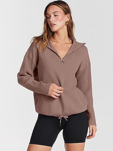 ANRABESS Quarter Zip Sweaters for Women Long Sleeve Casual Collared V Neck Knit Zipper Loose Fit Solid Pullover Jumper 2023 Fall Winter Fashion Clothes with Pockets 780doukou-S