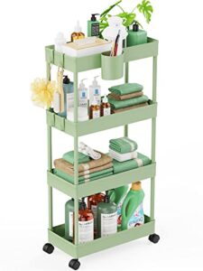 lehom slim rolling storage cart - 4 tiers bathroom organizer utility cart slide out storage shelves mobile shelving unit for kitchen, bedroom, office, laundry room, small narrow spaces, green