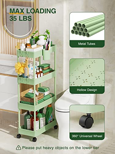 LEHOM Slim Rolling Storage Cart - 4 Tiers Bathroom Organizer Utility Cart Slide Out Storage Shelves Mobile Shelving Unit for Kitchen, Bedroom, Office, Laundry Room, Small Narrow Spaces, Green