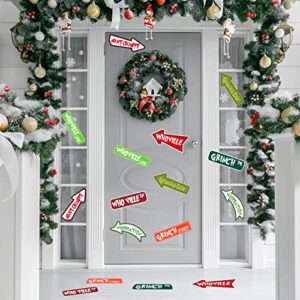 Grinch Christmas Decorations, 16PCS Welcome to Whoville Christmas Stickers Waterproof for Christmas Furry Grinch's Lair Themed Party Wall,Door,Windows, Floor
