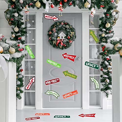 Grinch Christmas Decorations, 16PCS Welcome to Whoville Christmas Stickers Waterproof for Christmas Furry Grinch's Lair Themed Party Wall,Door,Windows, Floor