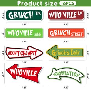 Grinch Christmas Decorations, 16PCS Welcome to Whoville Christmas Stickers Waterproof for Christmas Furry Grinch's Lair Themed Party Wall,Door,Windows, Floor