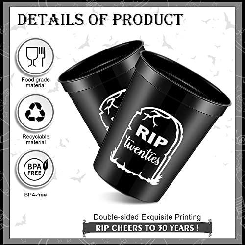 Remerry 24 Pcs Death to My 20s Thick Cup, 16 oz 30th Birthday Party Black Plastic Tumbler Cups, Stadium Cups Rip Twenties 20s Birthday Decorations for Party Supplies