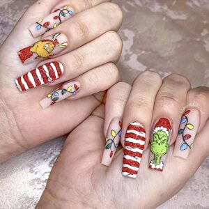 24Pcs Christmas Press on Nails Long Fake Nails Acrylic Ballet Nail Christmas Coffin Nail Full Cover Nail Grinch Design Artificial Cartoon Nails for Women and Girls