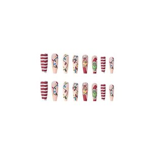 24Pcs Christmas Press on Nails Long Fake Nails Acrylic Ballet Nail Christmas Coffin Nail Full Cover Nail Grinch Design Artificial Cartoon Nails for Women and Girls