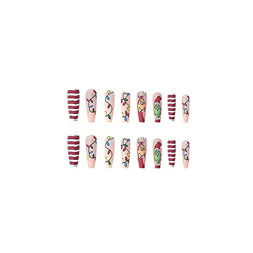 24Pcs Christmas Press on Nails Long Fake Nails Acrylic Ballet Nail Christmas Coffin Nail Full Cover Nail Grinch Design Artificial Cartoon Nails for Women and Girls