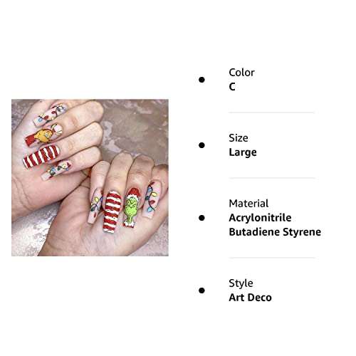 24Pcs Christmas Press on Nails Long Fake Nails Acrylic Ballet Nail Christmas Coffin Nail Full Cover Nail Grinch Design Artificial Cartoon Nails for Women and Girls