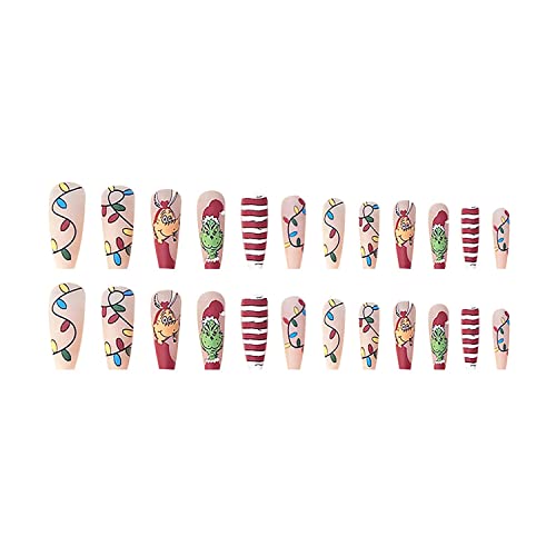 24Pcs Christmas Press on Nails Long Fake Nails Acrylic Ballet Nail Christmas Coffin Nail Full Cover Nail Grinch Design Artificial Cartoon Nails for Women and Girls