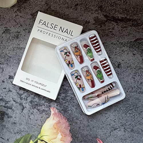 24Pcs Christmas Press on Nails Long Fake Nails Acrylic Ballet Nail Christmas Coffin Nail Full Cover Nail Grinch Design Artificial Cartoon Nails for Women and Girls