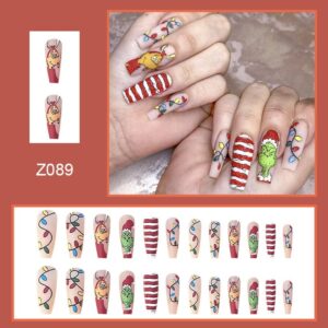 24Pcs Christmas Press on Nails Long Fake Nails Acrylic Ballet Nail Christmas Coffin Nail Full Cover Nail Grinch Design Artificial Cartoon Nails for Women and Girls