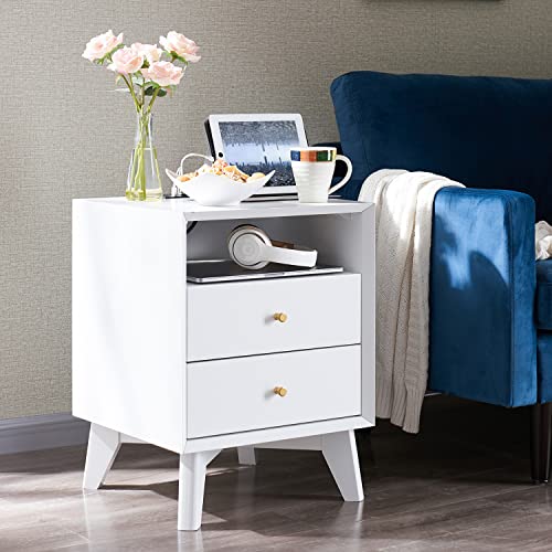 T4TREAM White Nightstand with Charging Station, Mid-Centry Modern Nightstand End Table with 2 Stroage Drawers, Easy Assembly Wood Sofa Side Table for Living Room, Bedroom, Kids Bedroom, Solid White