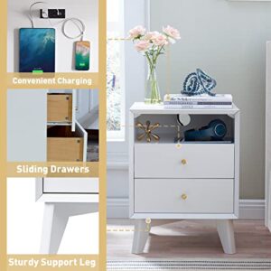 T4TREAM White Nightstand with Charging Station, Mid-Centry Modern Nightstand End Table with 2 Stroage Drawers, Easy Assembly Wood Sofa Side Table for Living Room, Bedroom, Kids Bedroom, Solid White