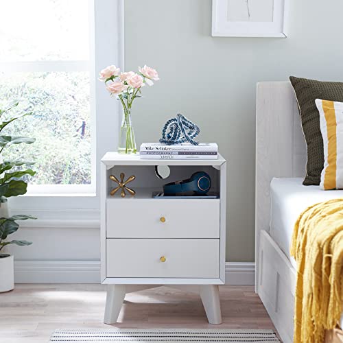 T4TREAM White Nightstand with Charging Station, Mid-Centry Modern Nightstand End Table with 2 Stroage Drawers, Easy Assembly Wood Sofa Side Table for Living Room, Bedroom, Kids Bedroom, Solid White