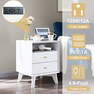 T4TREAM White Nightstand with Charging Station, Mid-Centry Modern Nightstand End Table with 2 Stroage Drawers, Easy Assembly Wood Sofa Side Table for Living Room, Bedroom, Kids Bedroom, Solid White