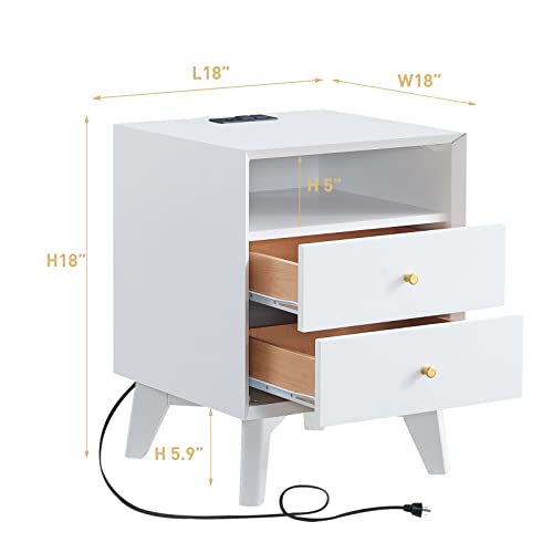 T4TREAM White Nightstand with Charging Station, Mid-Centry Modern Nightstand End Table with 2 Stroage Drawers, Easy Assembly Wood Sofa Side Table for Living Room, Bedroom, Kids Bedroom, Solid White