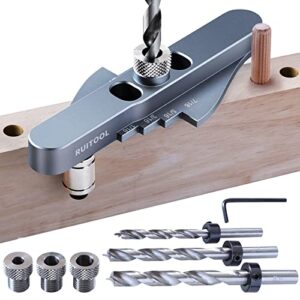 ruitool dowel jig kit, self-centering line scriber woodworking tools, drill guide for straight holes,including drill bit set 1/4", 5/16", 3/8" & drill bit stop collar set,drill jig for hand tools
