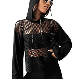 Verdusa Women's Sexy See Through Fishnet Long Sleeve Drawstring Hoodie Top Sweatshirt Black M