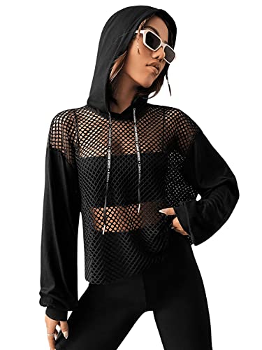 Verdusa Women's Sexy See Through Fishnet Long Sleeve Drawstring Hoodie Top Sweatshirt Black M