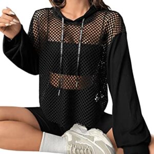 Verdusa Women's Sexy See Through Fishnet Long Sleeve Drawstring Hoodie Top Sweatshirt Black M