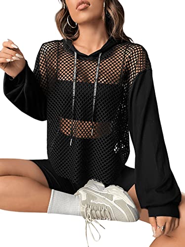 Verdusa Women's Sexy See Through Fishnet Long Sleeve Drawstring Hoodie Top Sweatshirt Black M