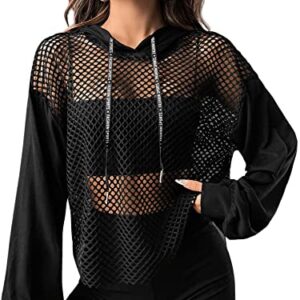 Verdusa Women's Sexy See Through Fishnet Long Sleeve Drawstring Hoodie Top Sweatshirt Black M