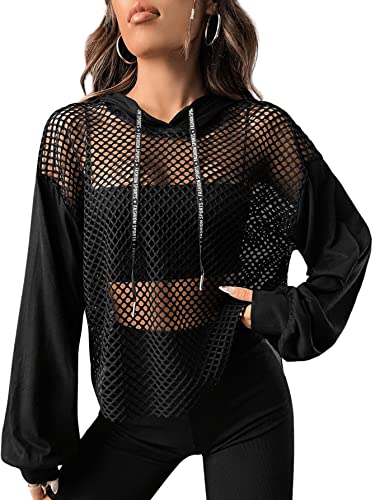 Verdusa Women's Sexy See Through Fishnet Long Sleeve Drawstring Hoodie Top Sweatshirt Black M