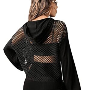 Verdusa Women's Sexy See Through Fishnet Long Sleeve Drawstring Hoodie Top Sweatshirt Black M