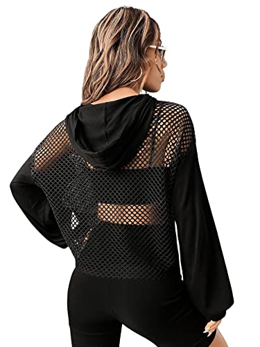 Verdusa Women's Sexy See Through Fishnet Long Sleeve Drawstring Hoodie Top Sweatshirt Black M