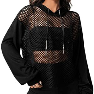 Verdusa Women's Sexy See Through Fishnet Long Sleeve Drawstring Hoodie Top Sweatshirt Black M