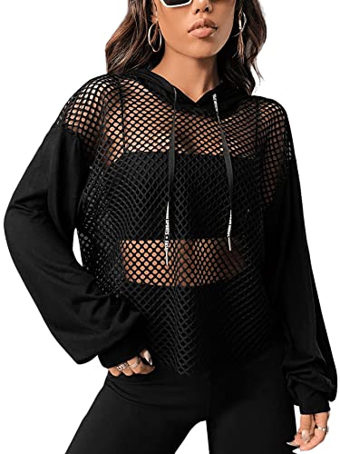 Verdusa Women's Sexy See Through Fishnet Long Sleeve Drawstring Hoodie Top Sweatshirt Black M