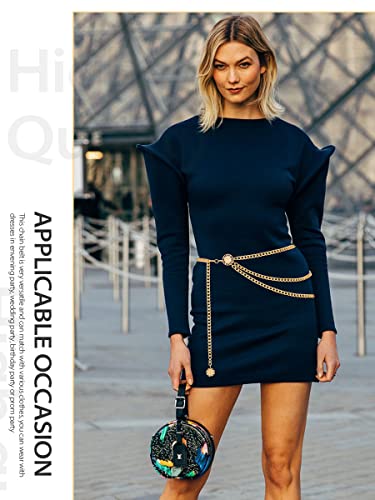 FIORETTO Chain Belt for Women Metal Waist Belts Fashion Multilayer Chain Belts for Dress Sun Gold Length 47in
