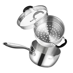 slottet tri-ply whole-clad stainless steel sauce pan with steamer,1.5 quart small multipurpose pot with pour spout,strainer glass lid, 1quart saucepan for cooking with stay-cool handle.