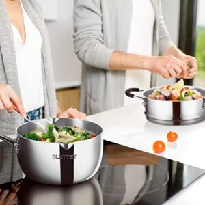 SLOTTET Tri-Ply Whole-Clad Stainless Steel Sauce Pan with Steamer,1.5 Quart Small Multipurpose Pot with Pour Spout,Strainer Glass Lid, 1Quart Saucepan for Cooking with Stay-cool Handle.
