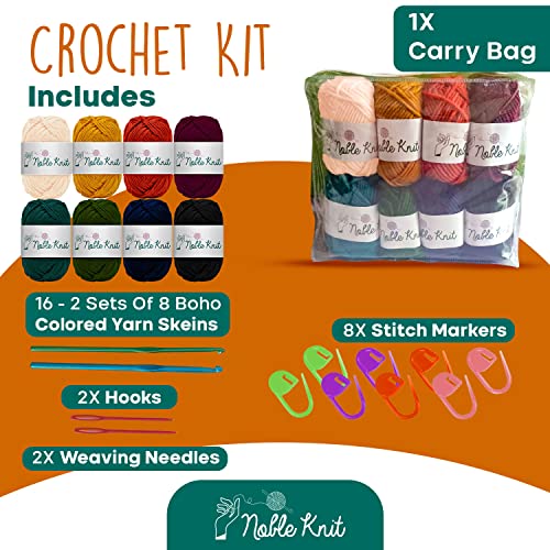 Noble Knit Acrylic Yarn for Crocheting | Amigurumi Crochet Kit for Beginners Kid Adults | 16 Skeins 20g 3 DK (Light) Yarn for Knitting, Crochet Yarn Set with 2 Hooks, 2 Needles, 8 Stitch Markers