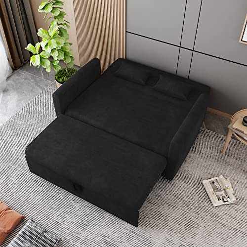 AVZEAR Sofa Bed, 3 in 1 Convertible Sleeper Sofa Bed 55.2" Velvet Loveseat Sofa Modern Pull Out Sofa Bed Lounge Chaise Armchair with Adjustable Backrest, 2 Lumbar Pillows, Black