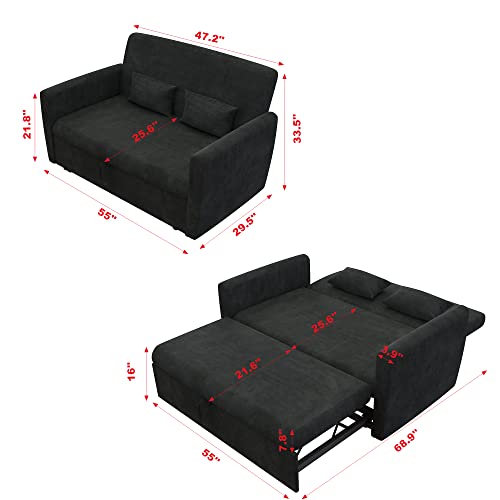 AVZEAR Sofa Bed, 3 in 1 Convertible Sleeper Sofa Bed 55.2" Velvet Loveseat Sofa Modern Pull Out Sofa Bed Lounge Chaise Armchair with Adjustable Backrest, 2 Lumbar Pillows, Black